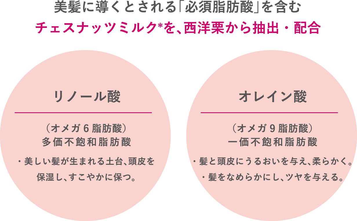美髪に導くとされる「必須脂肪酸」を含むチェスナッツミルク*を、西洋栗から抽出・配合